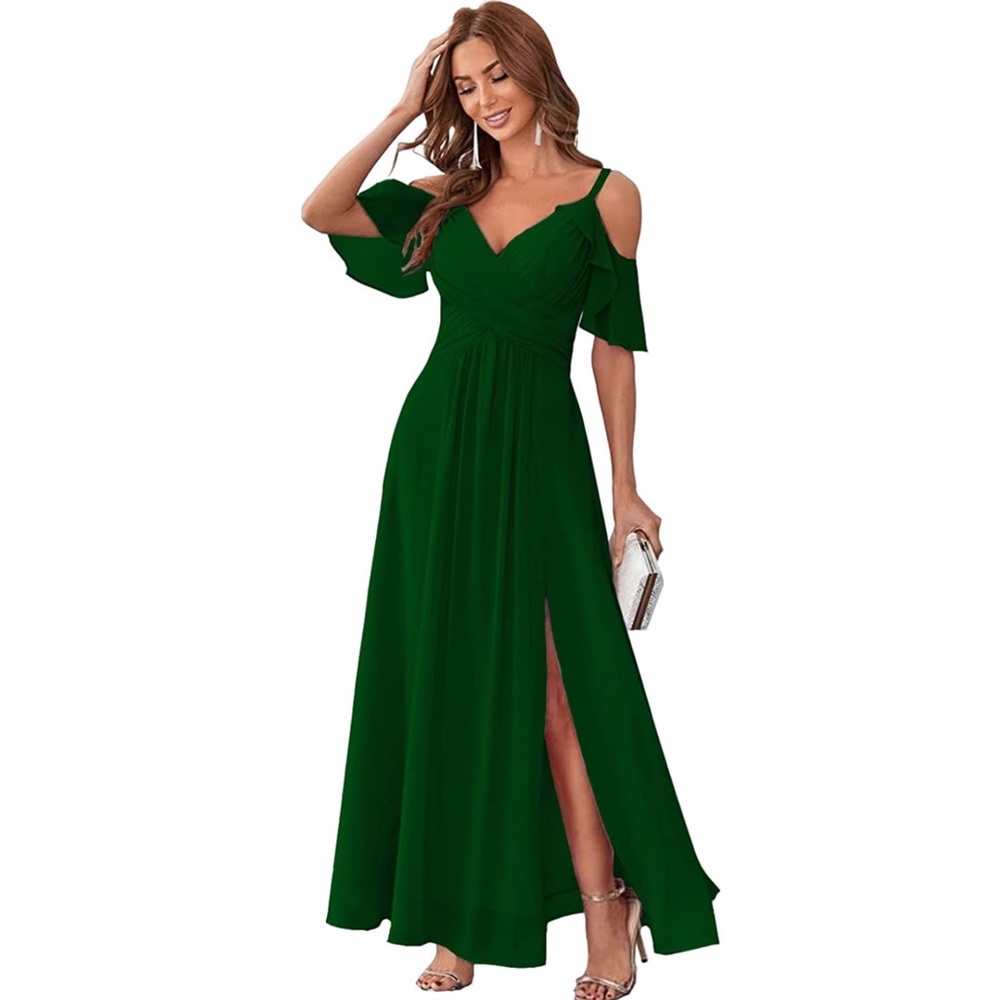 Cold Shoulder Chiffon Bridesmaids Dresses with Slit Long Formal Party Dress